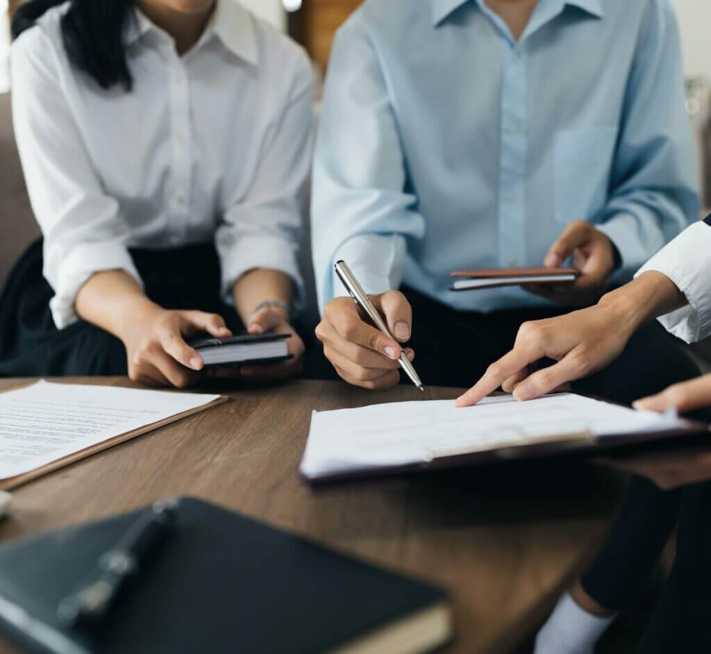 Insurance agent consulting with a couple over documents